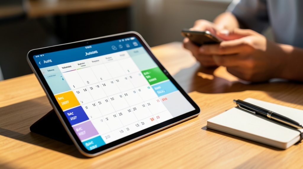 Aplicație de calendar digital pe tabletă afișând datele oficiale și organizarea pentru examenul de Bacalaureat 2027 pe platforma 10 la BAC.