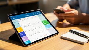 Aplicație de calendar digital pe tabletă afișând datele oficiale și organizarea pentru examenul de Bacalaureat 2027 pe platforma 10 la BAC.