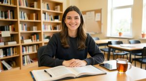 Eleva de clasa a 12-a zâmbitoare și relaxată la birou în timp ce învață calm pentru examenul de Bacalaureat.