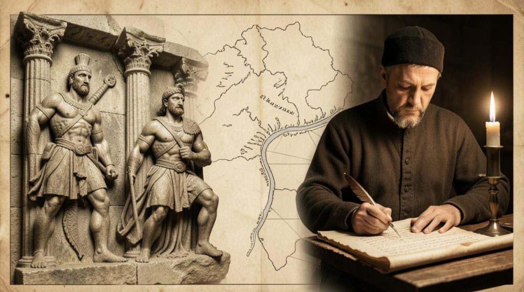Colaj istoric pentru tema Romanitatea românilor în viziunea istoricilor, ilustrând un soldat roman, un dac și un cronicar medieval scriind pe un pergament pentru eseu de Bacalaureat.