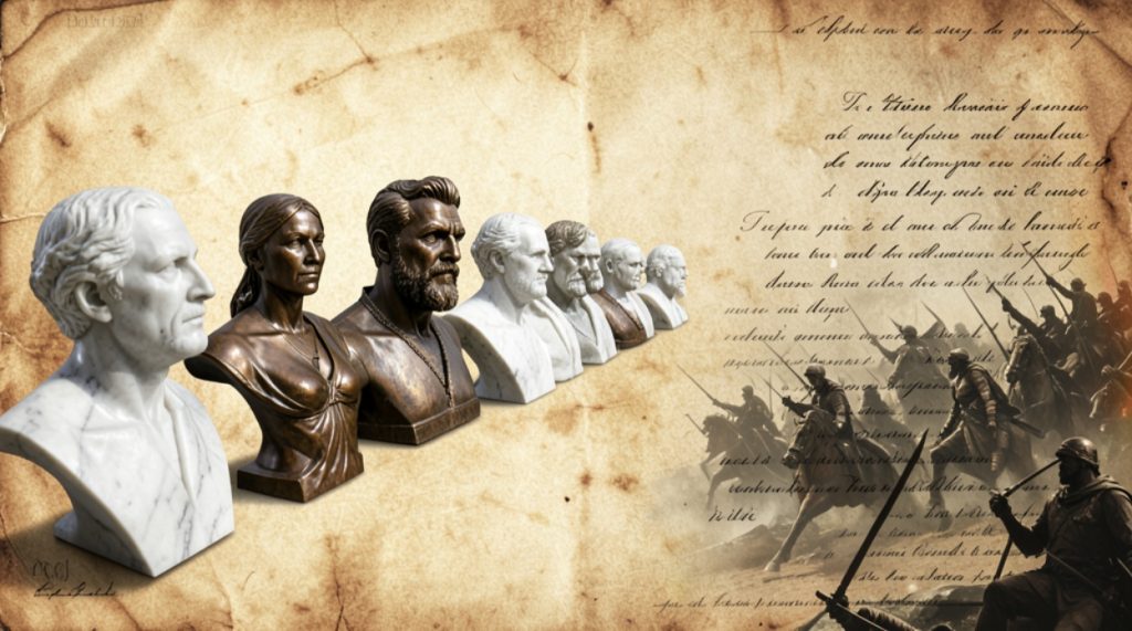 Banner educațional cu 6 fișe de istorie pentru Bacalaureat, ilustrând domnitori medievali, regi și evoluția modernă a României.