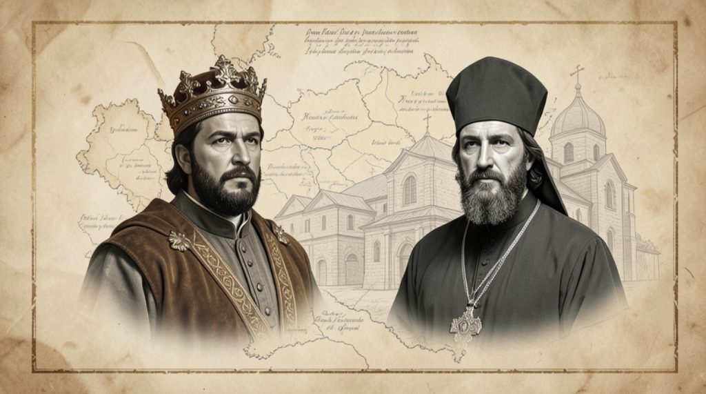 Concept abstract cu un domnitor si un preot ortodox pe fundalul unei harti medievale pentru lectia despre institutii medievale la BAC