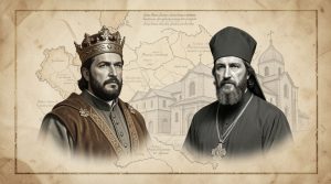 Concept abstract cu un domnitor si un preot ortodox pe fundalul unei harti medievale pentru lectia despre institutii medievale la BAC