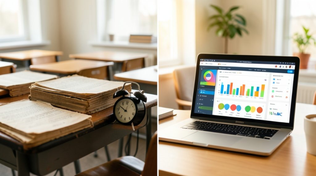Imagine comparativă între meditațiile clasice cu cărți vechi și cursurile online moderne pe laptop oferite de platforma 10 la BAC.