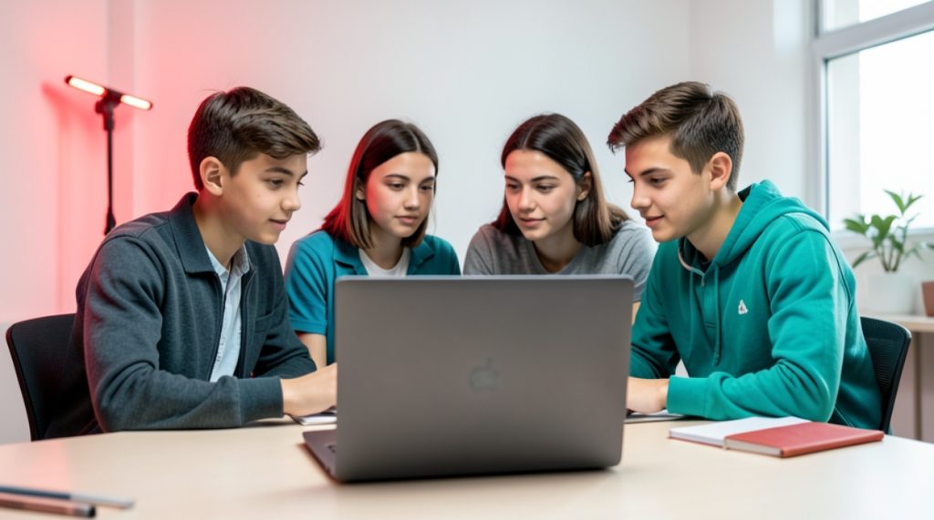 Grup de elevi care se uita la un laptop pentru pregatire BAC 2027