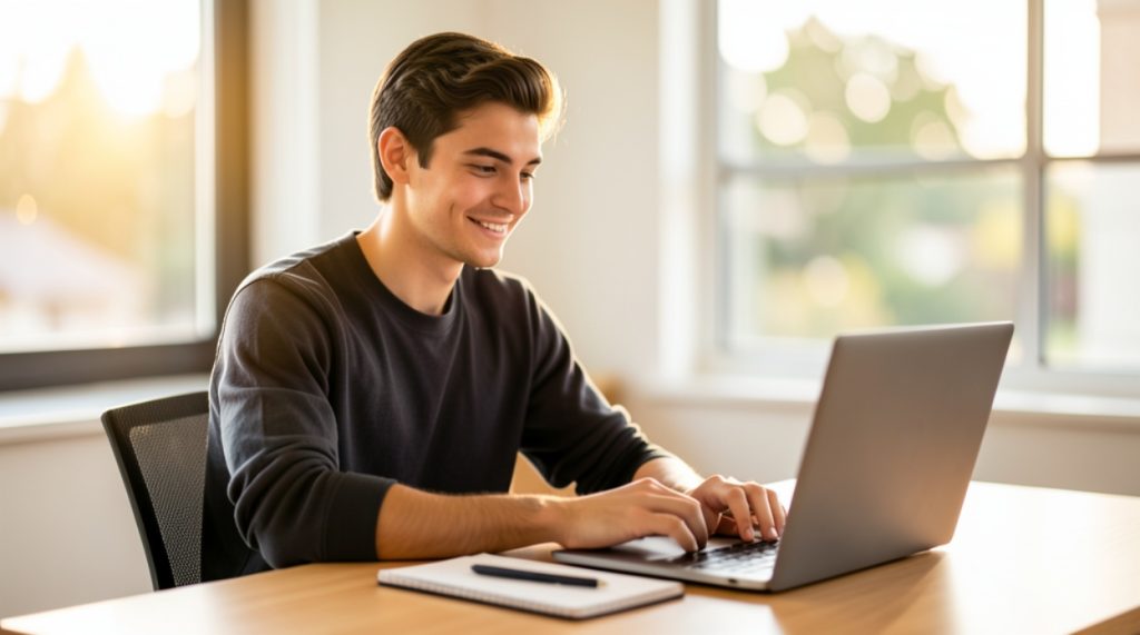 Elev de clasa a 12-a zâmbind în fața laptopului în timp ce studiază programa oficială BAC 2027 pe platforma 10 la BAC.