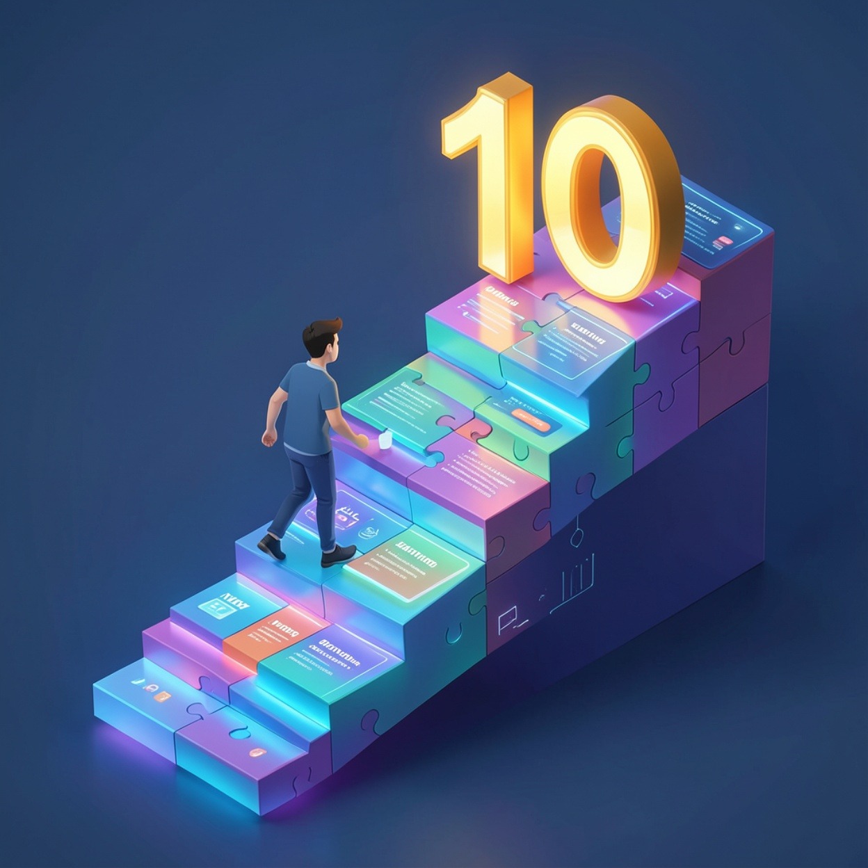 Ilustratie 3D cu un elev care urca o scara digitala spre nota 10, simbolizand o strategie clara de invatare pentru examenul de Bacalaureat.