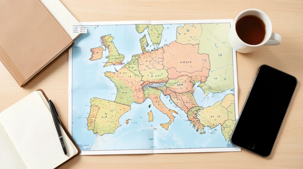 Harta Romaniei si harta Europei pe un birou pentru pregatirea examenului de bac geografie