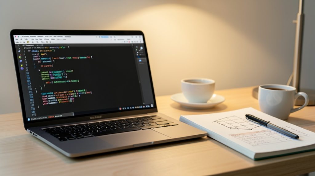 Laptop cu cod C++ si caiet de notite pentru pregatire bac informatica