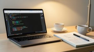 Laptop cu cod C++ si caiet de notite pentru pregatire bac informatica