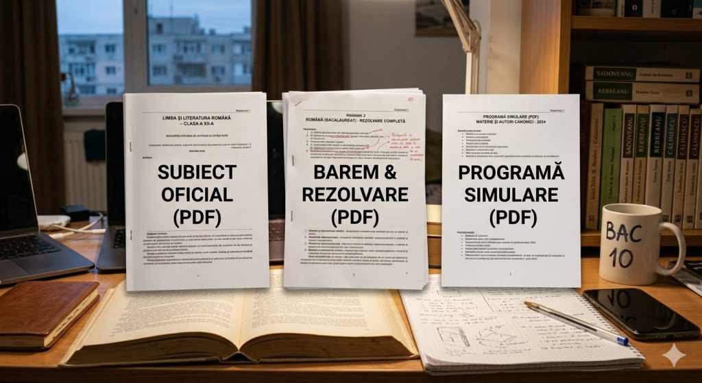 Birou de studiu cu manual deschis, laptop si toca de absolvent, reprezentand materiale de pregatire pentru examenul de Bacalaureat la Limba Romana.